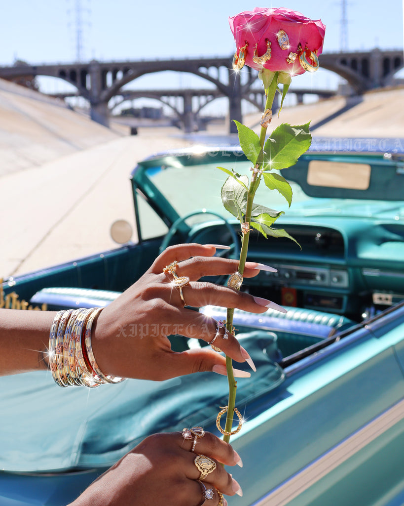Latina Brand | Women Owned Jewelry Brand. Beautiful hand photography. Hands are displayed on top of pink lowrider maybeline grill. She had long beautiful nails with multiple rings on her hand, includes virgencita rings, S and E initial rings. Women Owned 