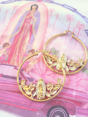 Virgencita charm around bouquet Roses Hoop Earrings. on a velvet red  fabric. Retro vintage effect.Latina Jewelry Store