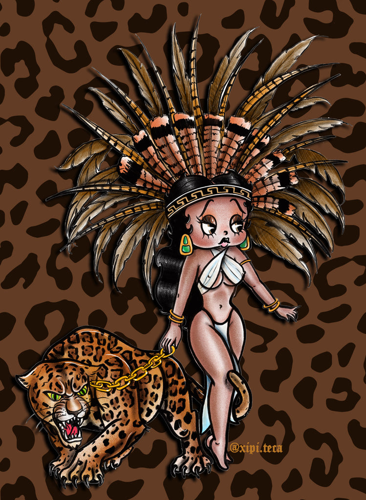 Aztlan Aztec Princess Betty Boop with Leopard Pet Poster  with Leopard Print Background