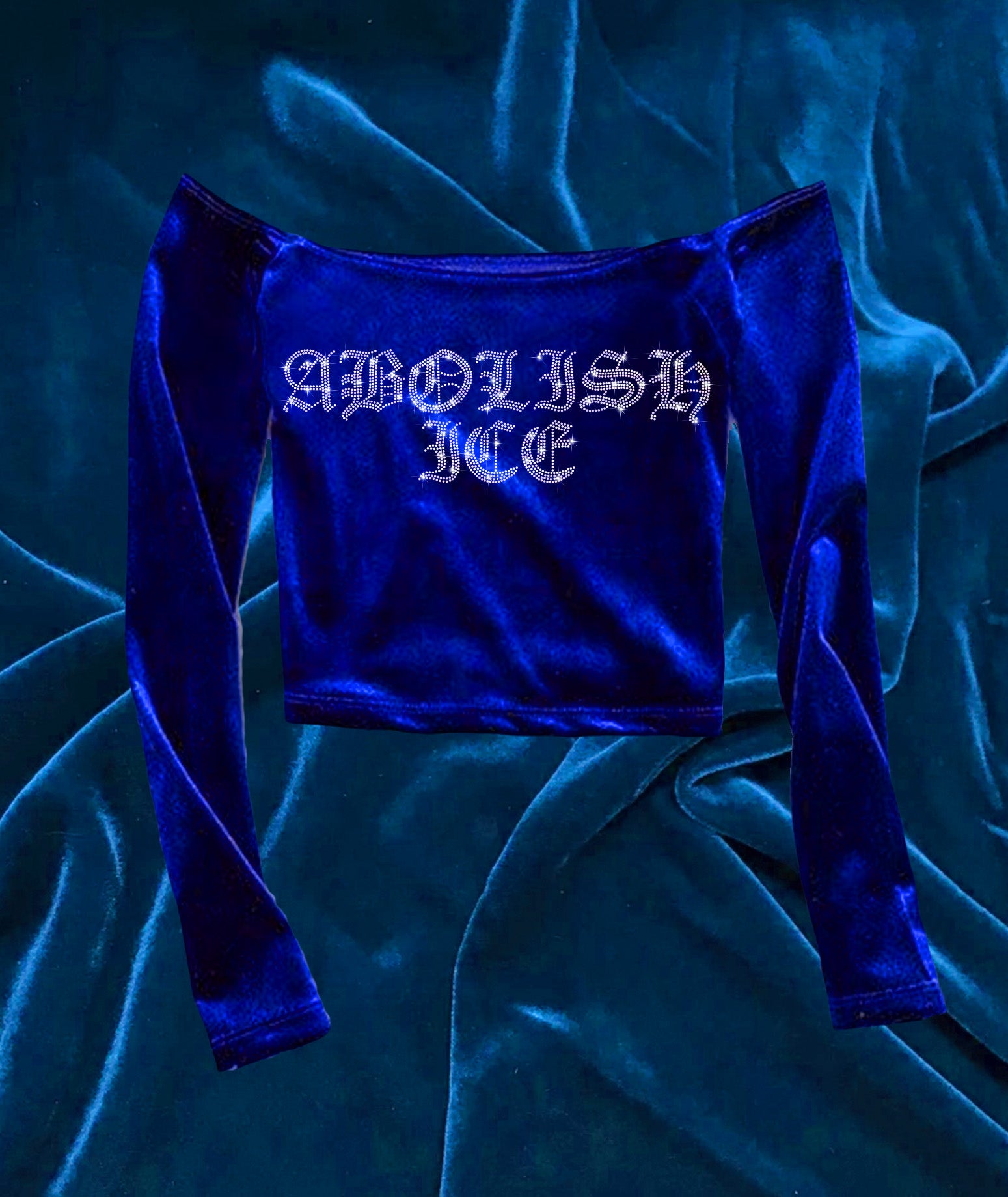 ABOLISH ICE Velvet Blue Off the Shoulder Blouse  Ethically Made In Los Angeles 