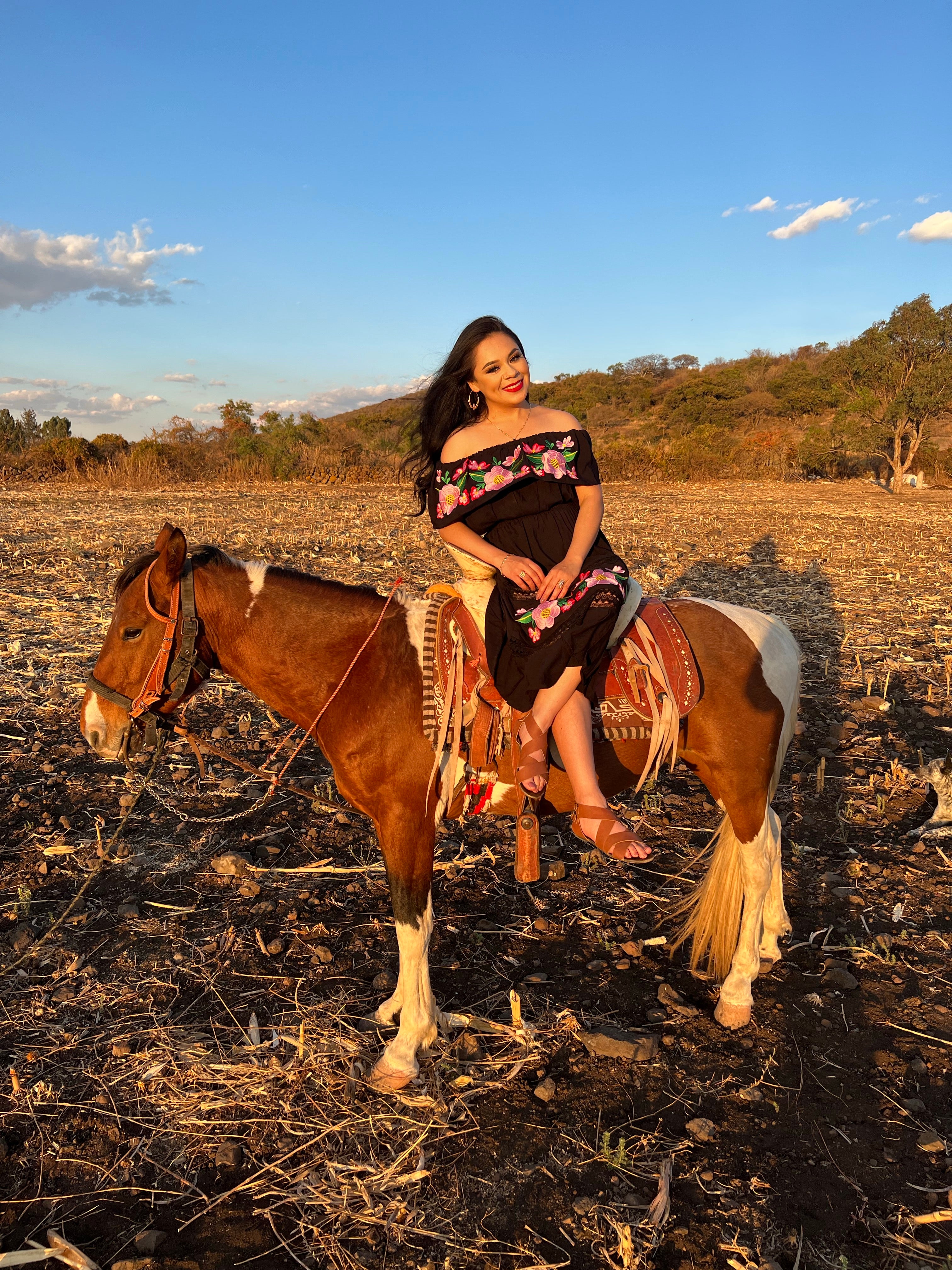 Hermosa Mexicana with black hair is sitting on top of a horse.  Horse is facing on the left side. Sje is wearing a beautiful  Mexican traditional floral embroidered off the shoulder black dress. 