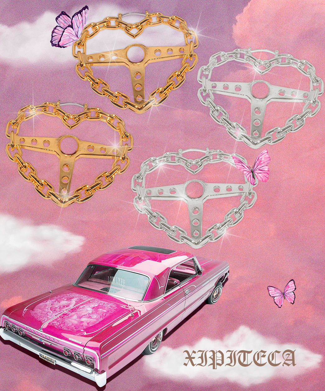 Heart Chain Link Steering Wheel Lowrider Hoop Earrings Vintage Nostalgic Hoop earrings on a pink and purple sky background. Pink lowrider on the left corner. What a beautiful lowrider dream escape. Pink and purple butterflies flirting with the heart steering wheel hoops. Live your lowrider dreams. 